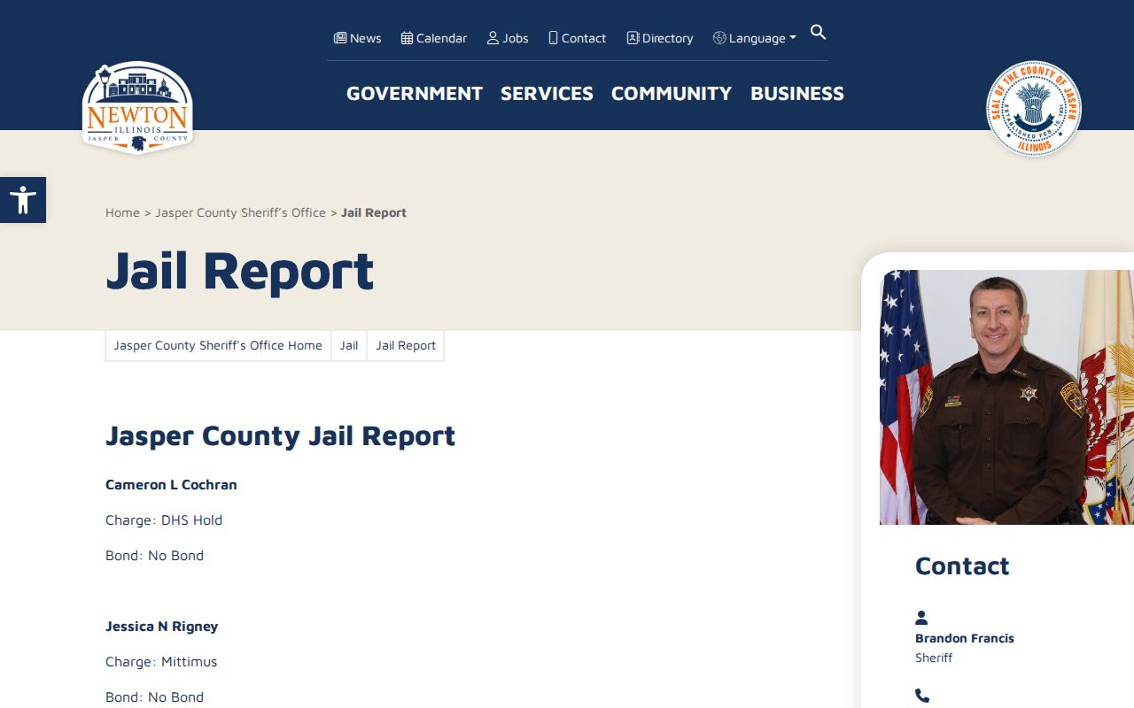 Jasper County Jail Report current-custody roster fields