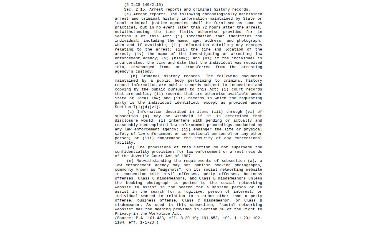 Illinois arrest information law for Jasper County booking records